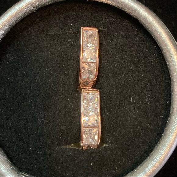 ROSE Gold plated Huggies. 4 large Swarovski Crystal stones beveled edge